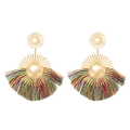 Bohemian fan-shaped tassel earrings with gold sunburst texture and white pearls - Colorful