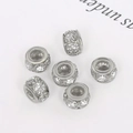 Set of 6 silver large hole beads with micro-pave white crystals for DIY bracelets - 8mm Rhinestone Wheel Spacer Bead / White K/Silver