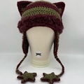 Striped knit cat ear beanie in olive green and burgundy with star pendant braids - Purple and Army Green Striped