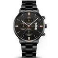 All-black quartz chronograph watch for men with rose gold hands and metal strap - Black Rose Gold With 3 O'clock Calendar