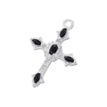 Close-up of silver cross pendant with black oval gemstone and sparkling clear crystals - Platinum Black Zirconia