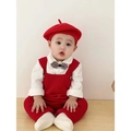 Infant red knitted beret and overalls set with a white long-sleeve shirt and bowtie - Red