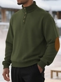 Detail of dark green waffle knit hoodie with brown elbow patches and buttoned collar - S / Army Green