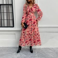 Robe rose à col en V, imprimé fleuri, manches longues et découpe à la taille - S / Rose