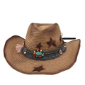 Brown straw western cowboy hat featuring a star print and colorful ethnic tassel band - Ethnic Style + Wind Rope / Camel