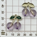 3D resin cherry pendant in purple transparent finish with green enamel leaves - 1Pc Plated Transparent Purple Large Cherry (27x23mm)