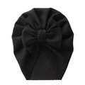 Solid black ribbed knit baby turban hat featuring a large double-layered front bow - Black