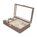 Wooden watch and jewelry storage box with glass lid and soft beige velvet lining. - 4+2 Grid Watch and Jewelry Box / Black Walnut / Linen Inner