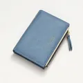 Morandi blue women's bifold leather wallet featuring gold foil text and zipper coin pocket - Blue