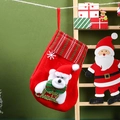 Red linen Christmas stocking featuring a 3D plush white bear and gold glitter snowflake - Alphabet Sock - Bear