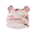 Pink floral baby hat with cute round ears made of soft cotton fabric for newborns - Floral Pattern No.6 Beanie with Ears