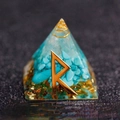 Orgone energy pyramid with blue turquoise stones, copper coil and golden Rune Raido symbol - Traveler - Safe Journey