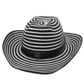 British style black and white striped jazz straw hat with bull head metal buckle decoration - One Size Straw Hat (Horizontal Stripe) / Black White with Windproof Rope (Black Small Bull)