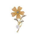 Elegant gold flower brooch with orange petals, clear rhinestones and a white pearl accent - Orange