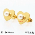 Golden heart-shaped stud earrings with inlaid round white shell pearls for women - Gold Heart Shell Pearl Earrings (KE108796-KLX)