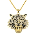 Macro shot of hip hop tiger head pendant necklace with green eyes and sparkling rhinestones - Gold (Black Eyes Tiger Head)