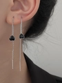 Long silver tassel threader earrings featuring black heart-shaped crystals for women - Silver Black Heart Style (9227)