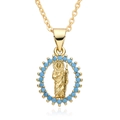 Macro view of gold religious icon pendant with vibrant blue beads and 18k plating - B189-Blue Beads Saint