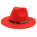 Detail of red wool felt fedora featuring brown leather band with golden diamond studs - M (56-58cm) / Orange Red
