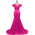 Detailed view of the off-the-shoulder neckline on a magenta satin mermaid evening dress - US size 2 (S) / Rose Red