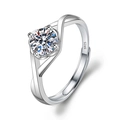 Silver S925 ring featuring a brilliant round zircon in a sleek interlaced setting - Adjustable Open / Floral Four-Prong Flower Bud Style (1 Carat Effect)