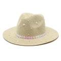 British style straw fedora hat with pearls and iridescent sequins for sun protection - M (56-58cm) / Beige