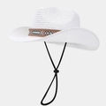 Detail view of white straw cowboy hat with ethnic embroidered band and wind rope - One Size / White