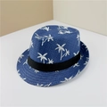 Detail of dark blue straw fedora with white palm tree patterns and black ribbon band - M (56-58cm) / Palm Tree Navy Blue