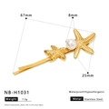 Barrette étoile de mer et perle en acier inoxydable doré 18k avec dimensions et poids - Épingle à Cheveux Double Étoile de Mer Perle Dorée (NB-H1031) / Or 18 carats
