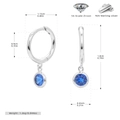 Detailed view of S925 sterling silver hoop earrings with blue zircon gemstone and measurements - 925 Silver / September White Gold Plated (Dark Blue Zirconia)