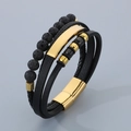 Bracciale multistrato da uomo in pelle nera con pietra vulcanica e chiusura magnetica d'oro - Stile B Colore Oro (KB179982-YA)