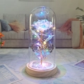 Golden foil colorful rose in glass dome with LED lights and butterfly on wood base - Wood Base Colorful Light + Butterfly