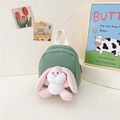 Green canvas kids backpack with cute plush long-eared rabbit doll and white straps - Green
