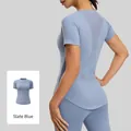 Slim fit mesh yoga T-shirt in grey lake blue with breathable back cutout for women - S / Tops / Grayish Blue