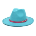 Detail of teal wool fedora hat featuring a contrasting pink leather belt and gold buckle - M(56-58cm) / Lake Blue