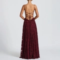 Elegant burgundy lace A-line evening dress with open back and crisscross tie details - S / Burgundy