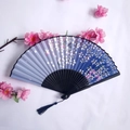 Foldable bamboo fan with blue gradient silk, cherry blossom print and matching tassel - Gradient Blue Cherry Blossom Style (Women's Fan - 30)