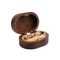 Oval dark walnut wood double ring box with natural jute lining and magnetic closure - Linen Lining Slot