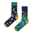Close-up of cotton socks with asymmetric camping jacquard pattern and rib knit cuffs - One Size / Camping Party