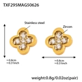 Detailed macro view of four-leaf clover stud earrings in gold with white zircon - Gold 5A Zirconia Earrings (TXF295)