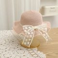 Detailed view of pink straw hat featuring delicate white lace bow with heart patterns - 52cm 3-6 Years / Lace Straw Hat - Pink