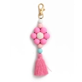 Pink and blue silicone bead flower keychain with cotton tassel and golden lobster clasp - Pink