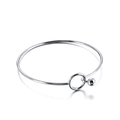 Minimalist silver stainless steel open bangle with circular ring and ball charm detail - Steel Color Bracelet