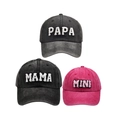 Set of Papa Mama Mini washed denim baseball caps with towel embroidery in grey and rose - Family Set (PAPA+MAMA+MINI) / Black/Black/Red
