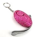 Pink rhinestone personal security alarm with silver keychain and gray wrist strap - Rose Red