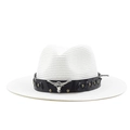 Close-up of white woven cowboy hat with black leather band and silver bull head detail - M (56-58cm) / White