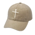 Khaki vintage washed baseball cap with white embroidered cross design on front - M (56-58cm) / Khaki