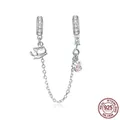 925 silver cat paw and kitten chain earrings with pink heart zircon stones - Cat Paw Safety Chain