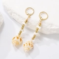 Bohemian gold hoop earrings with white gravel and natural speckled cowrie shell pendants - 05 KC Gold Turquoise Conch K-260