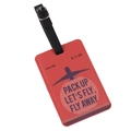 Red PU leather luggage tag with black strap and printed NY to AMS airplane design - Pack Up Let's Fly Away/Red Plane